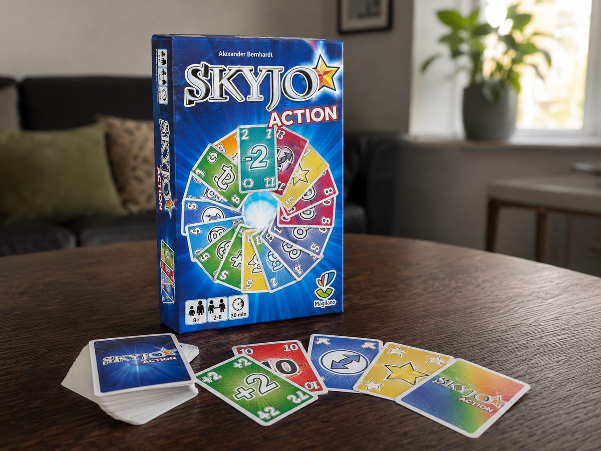 An illustration of the Skyjo Action box with action cards fanned out on a table