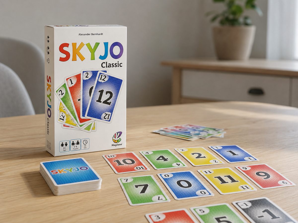 An illustration of the Skyjo Classic box beside a layout of cards on a wooden table