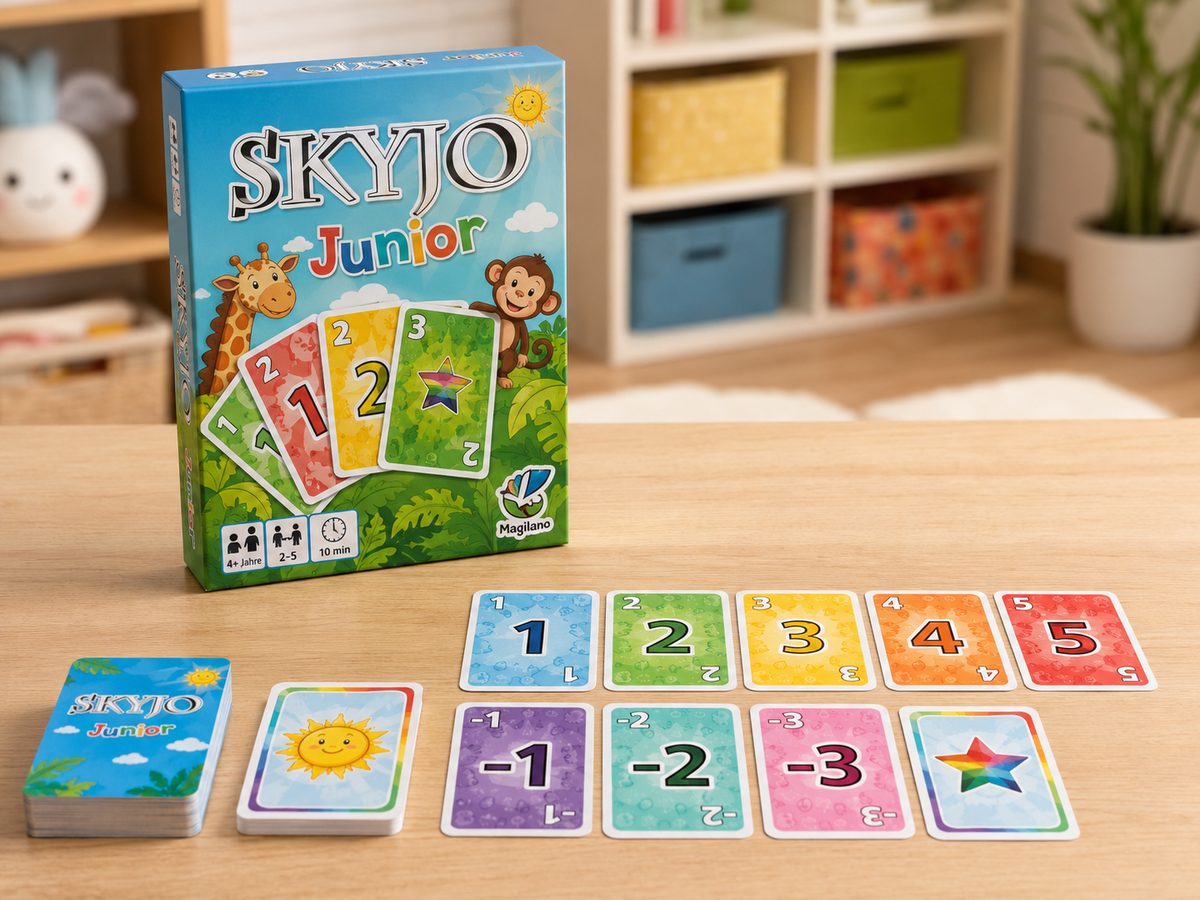 An illustration of the Skyjo Junior box and animal cards in a playroom