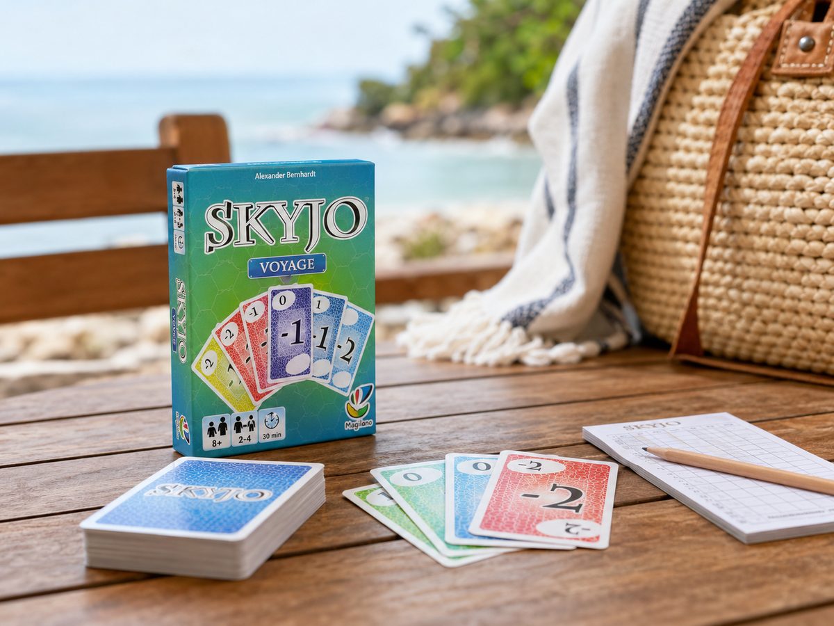 An illustration of the compact Skyjo Voyage box and cards on an outdoor table